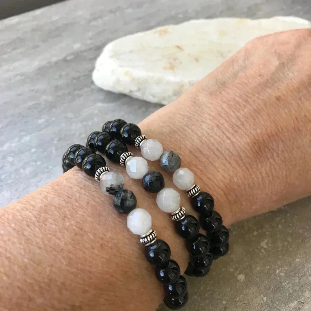 Black Bracelet, Onyx Bracelet, Tourmalinated Quartz, Black and White Bracelet